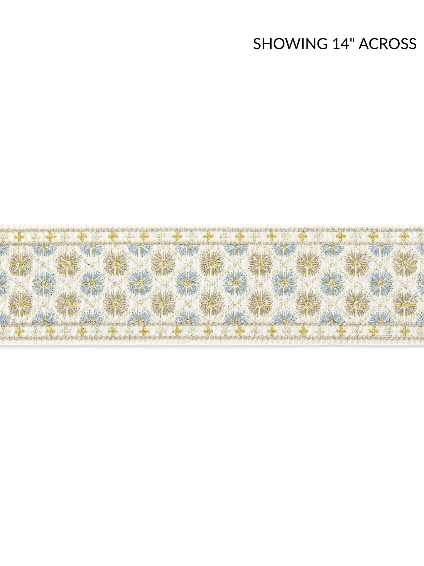 Decorative border ribbon with pale blue and gold circular floral motifs on white, bordered by slim gold lines.