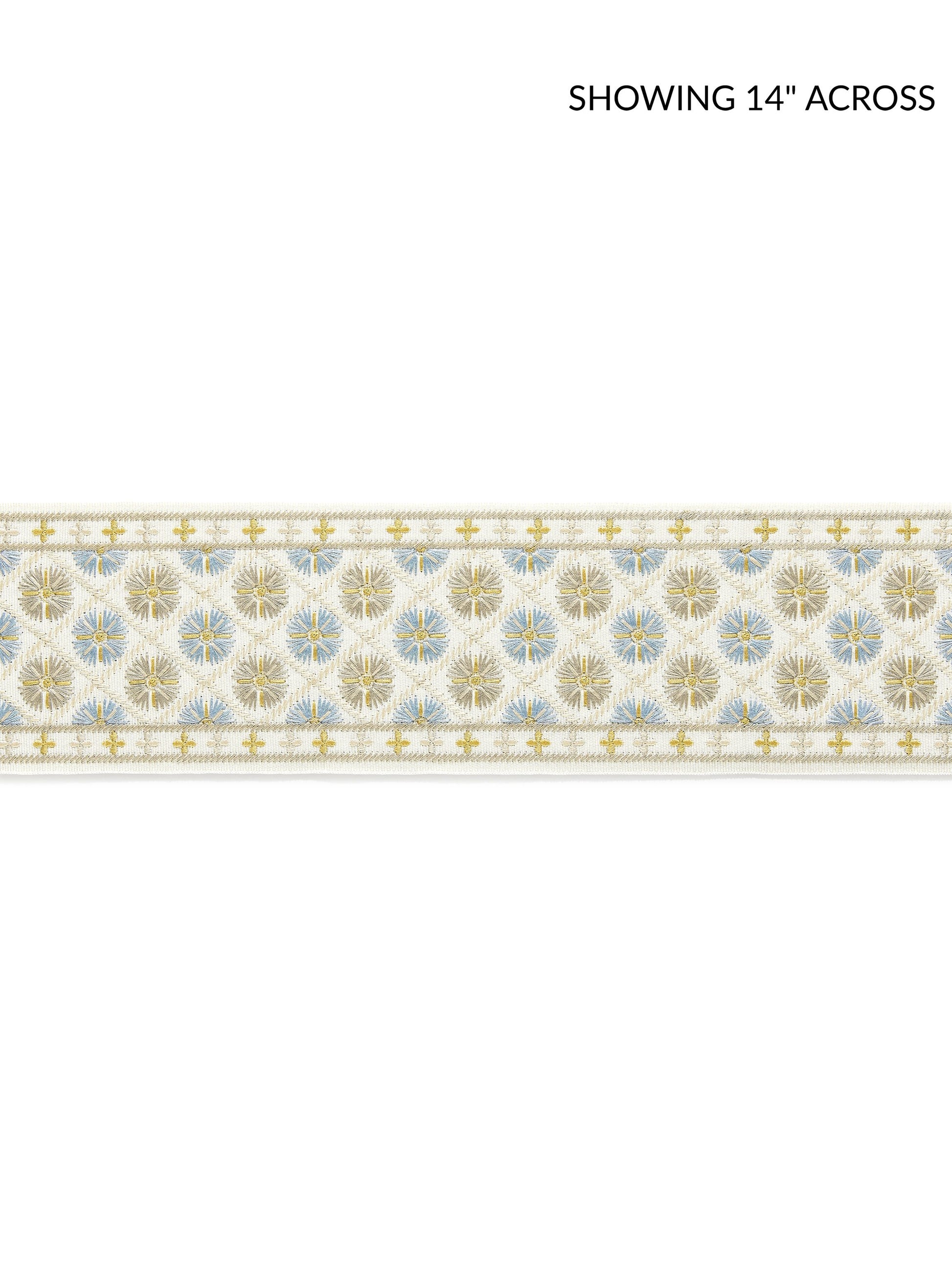 Decorative border ribbon with pale blue and gold circular floral motifs on white, bordered by slim gold lines.