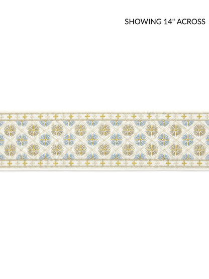 Decorative border ribbon with pale blue and gold circular floral motifs on white, bordered by slim gold lines.