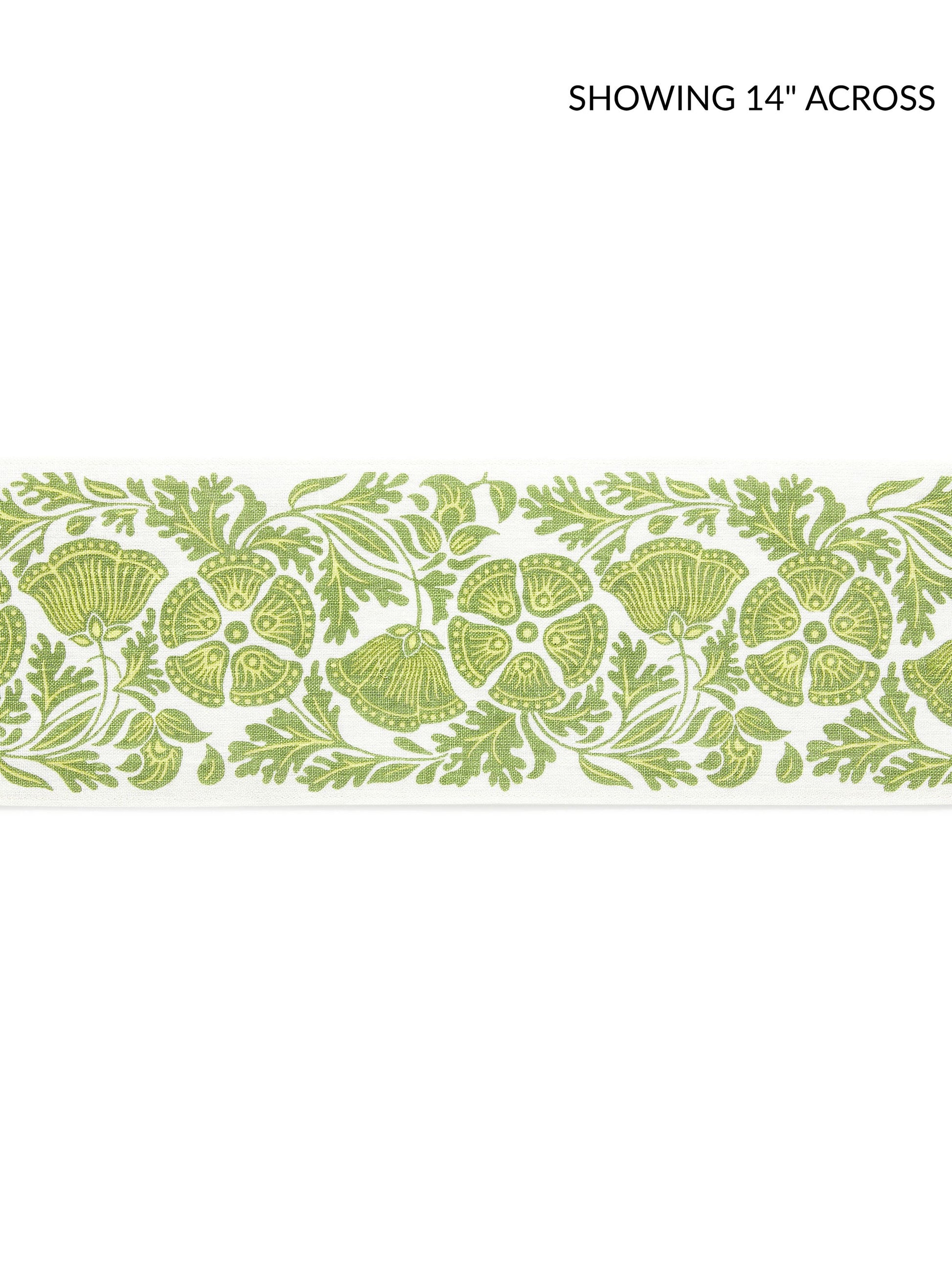 Sage-green leaves of grass pattern on a pale background; printed tape fabric.