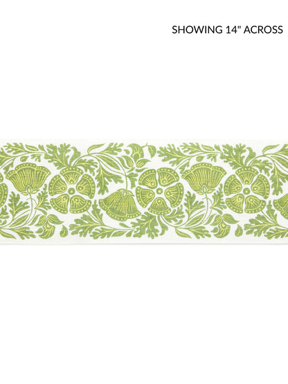 Sage-green leaves of grass pattern on a pale background; printed tape fabric.