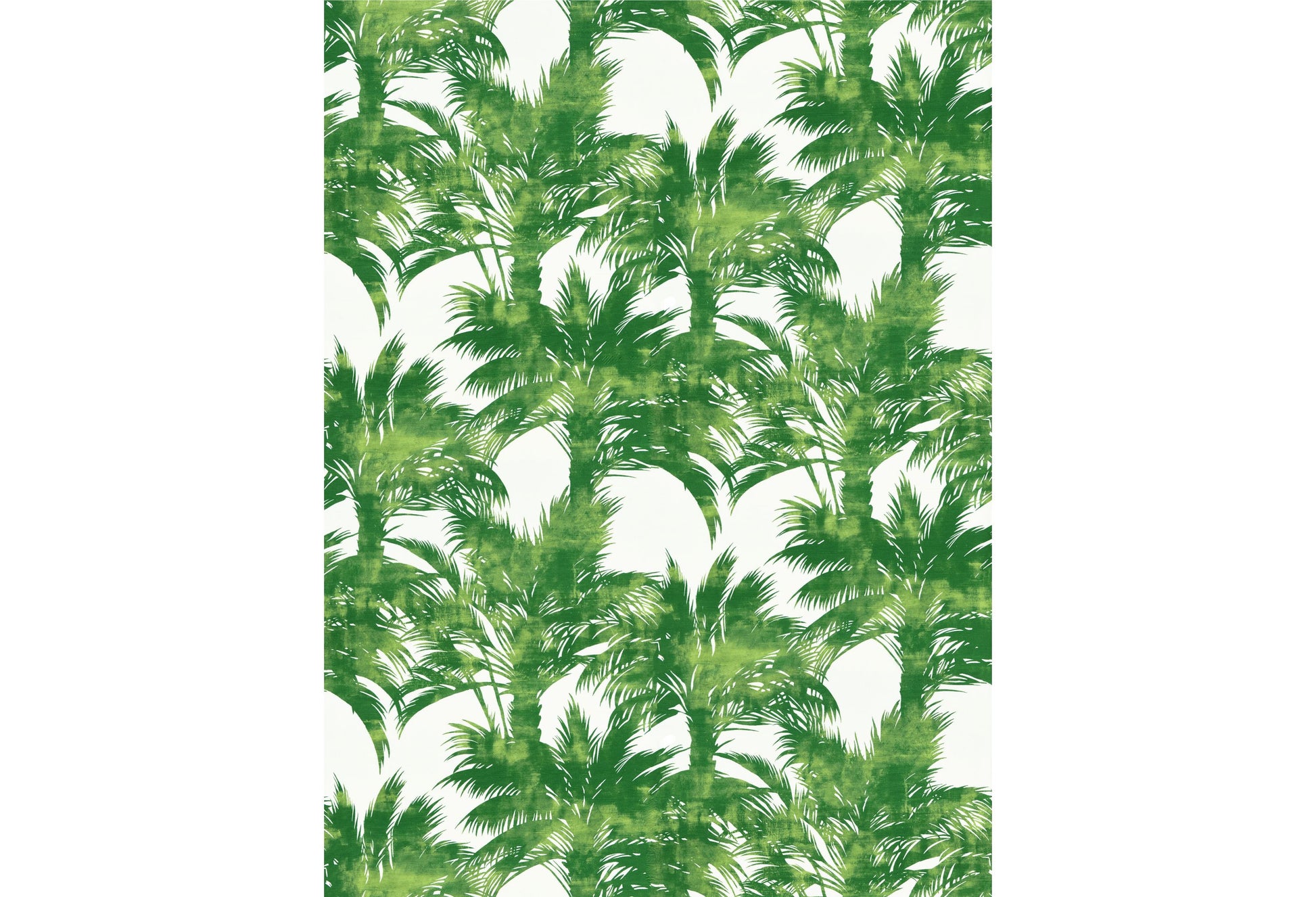 Palm print fabric with a repeating tropical palm leaf pattern in vibrant greens on white.