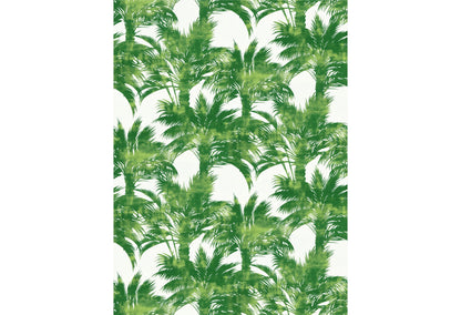 Palm print fabric with a repeating tropical palm leaf pattern in vibrant greens on white.