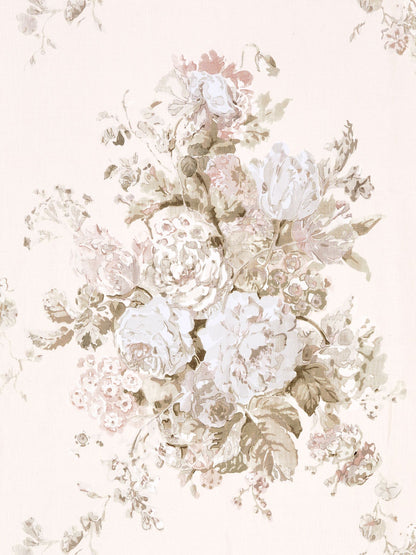 Vintage-style pastel floral print featuring cream and pink roses and peonies with greenery on ivory backdrop.