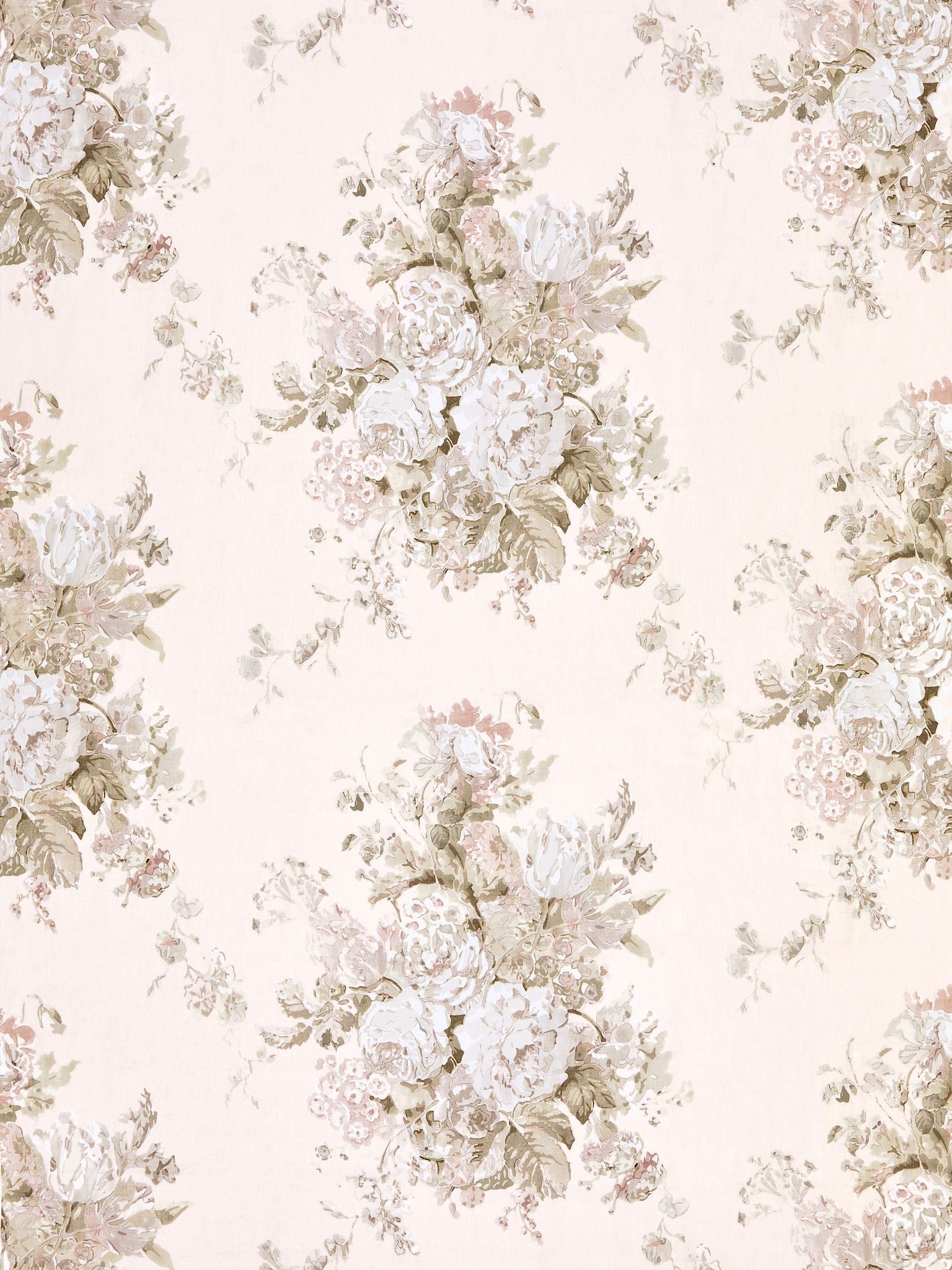 Cream floral fabric with ivory and blush bouquet motifs and muted greens; damask garden print.