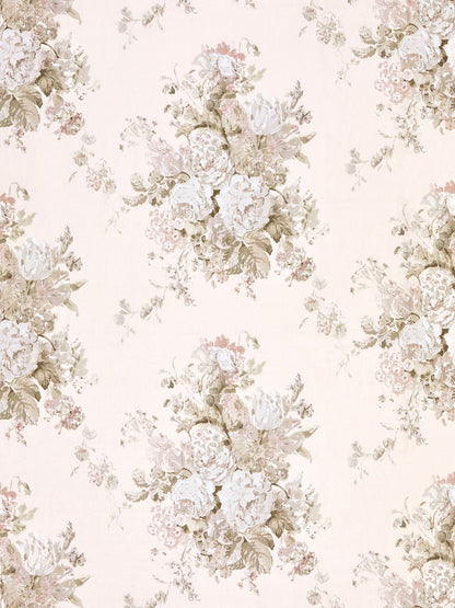 Cream floral fabric with ivory and blush bouquet motifs and muted greens; damask garden print.