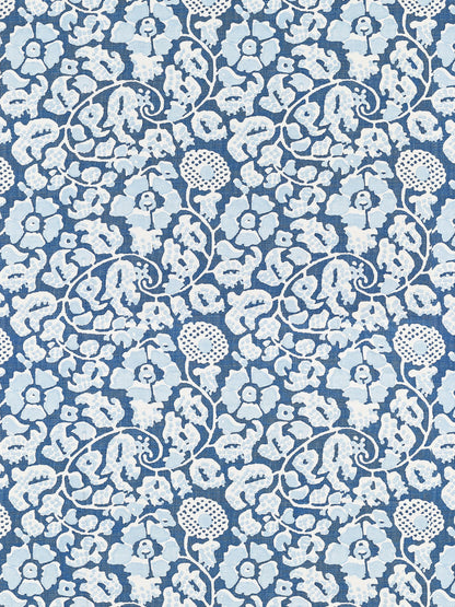 Blue and light-blue damask floral pattern with ornate vines and blossoms, decorative fabric.