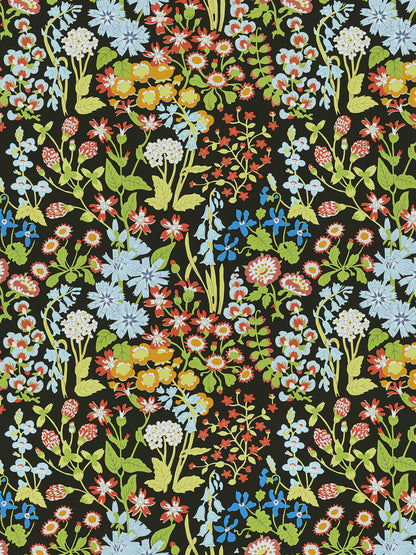 Colorful floral pattern on black fabric with blue, yellow, red, and white flowers and green stems.