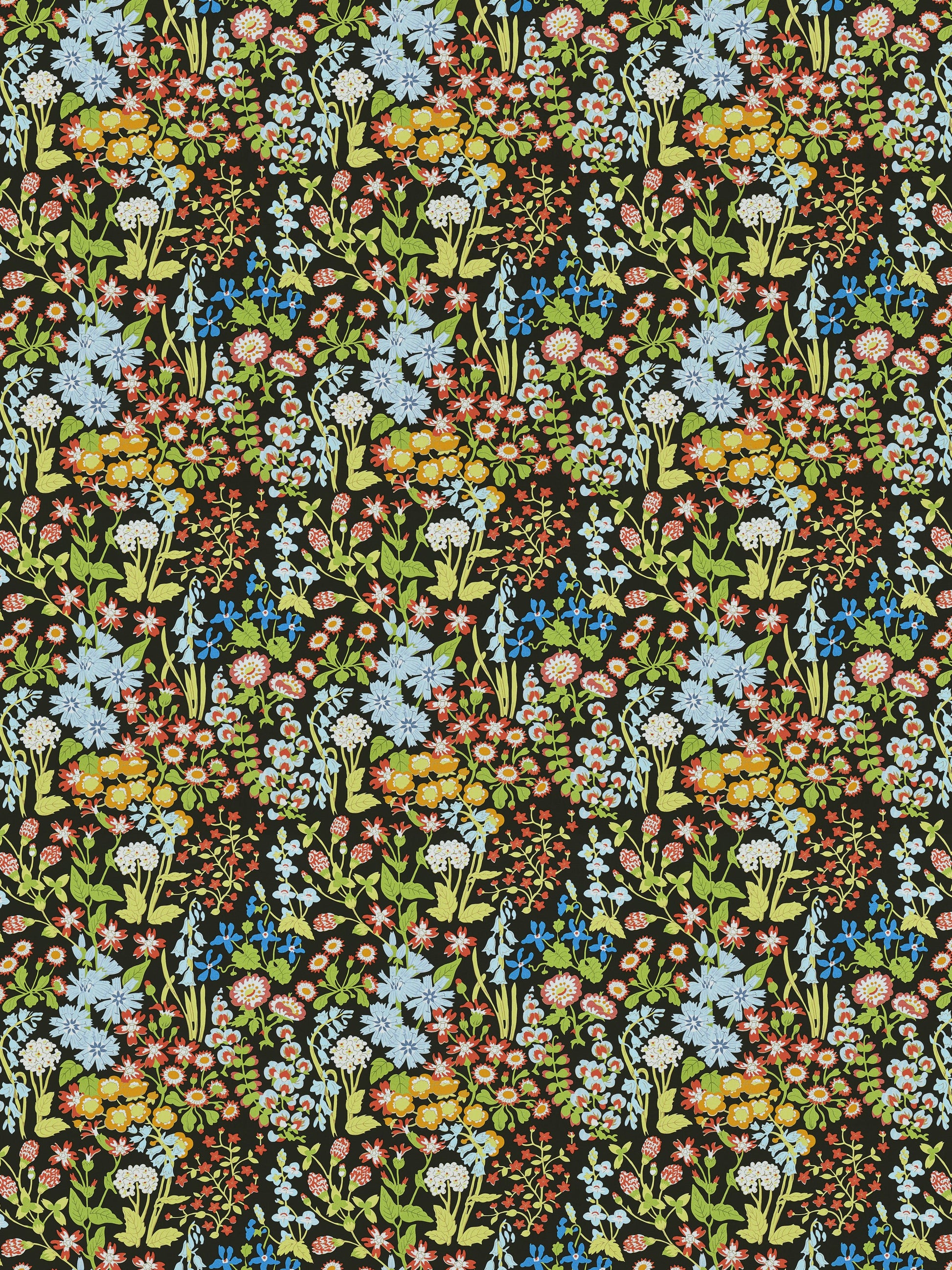 Dense multicolor floral fabric print on black background with blue, white, pink and yellow flowers and green stems.
