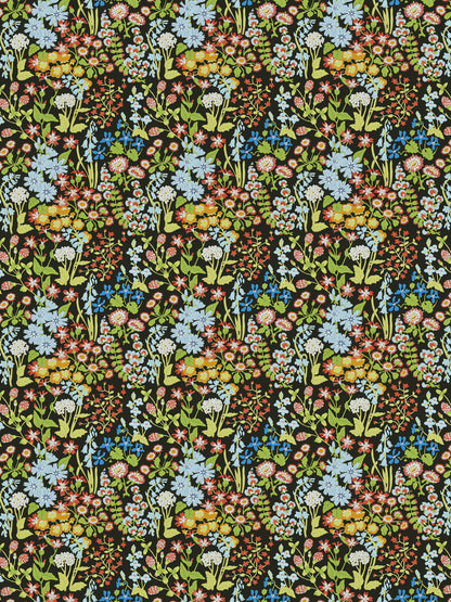 Dense multicolor floral fabric print on black background with blue, white, pink and yellow flowers and green stems.