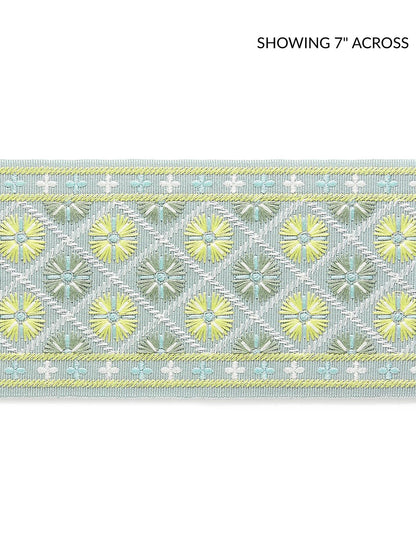 Embroidered ribbon trim with yellow sunburst flowers on light blue-gray ground, bordered by mint-green with dotted stripes.