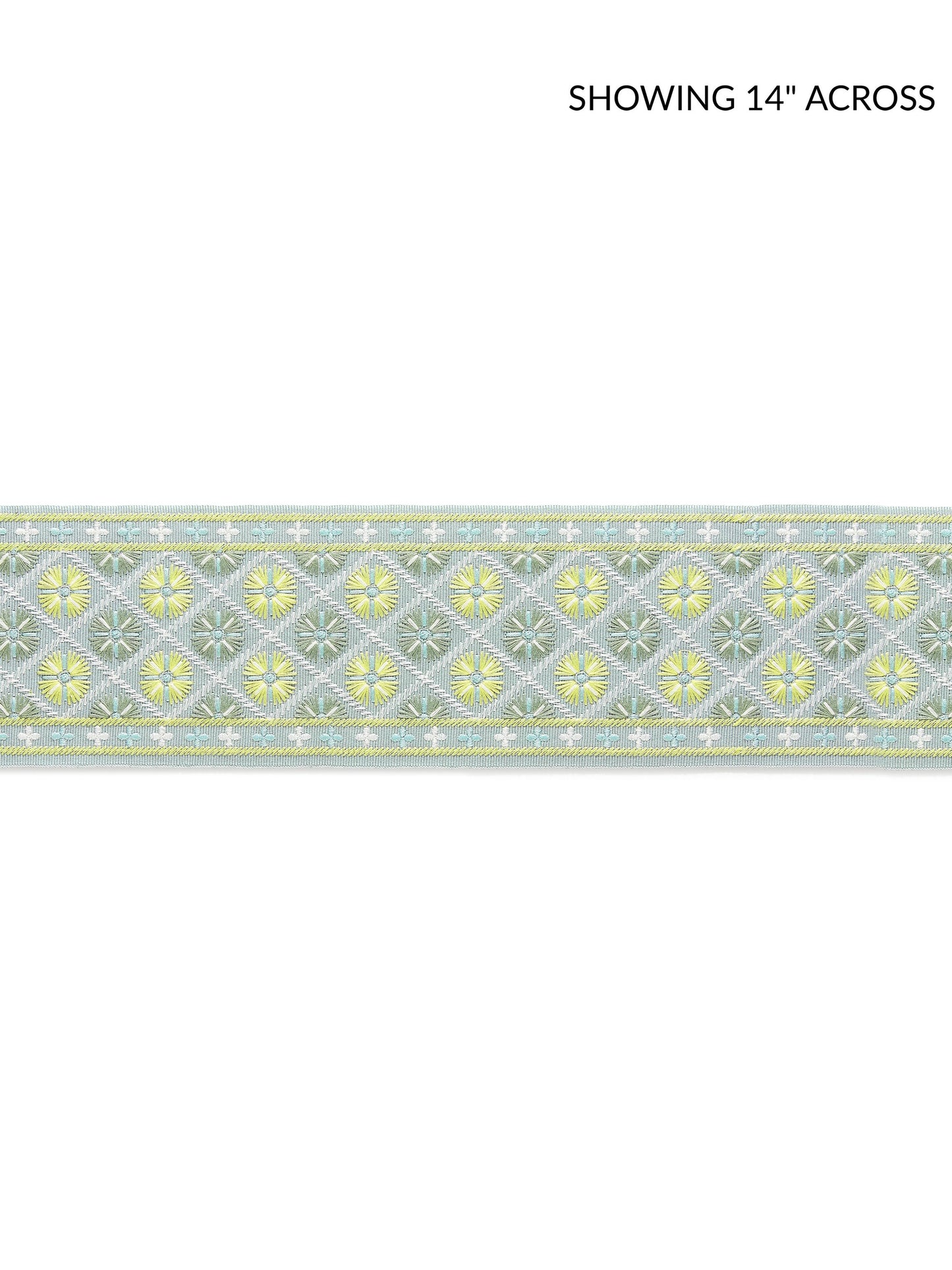 Pastel blue-green embroidered tape fabric trim with repeating yellow floral diamonds & white detailing.