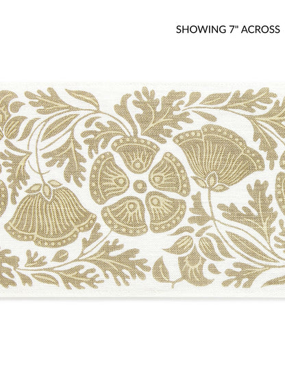 Beige printed tape fabric with a wheat fields motif; botanical border with leaves, bell-shaped flowers and citrus-like medallions.