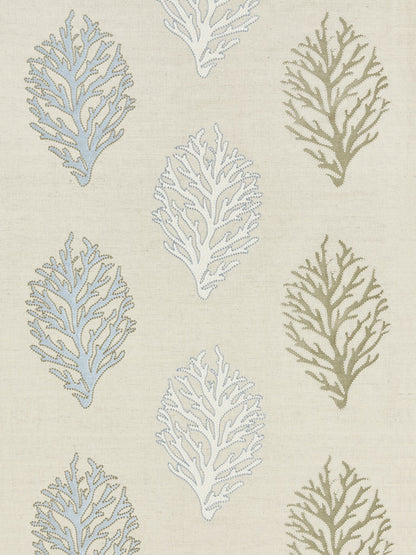 Sand-colored fabric with coral reef embroidery, featuring repeating silhouettes in pale blue, white, and taupe.