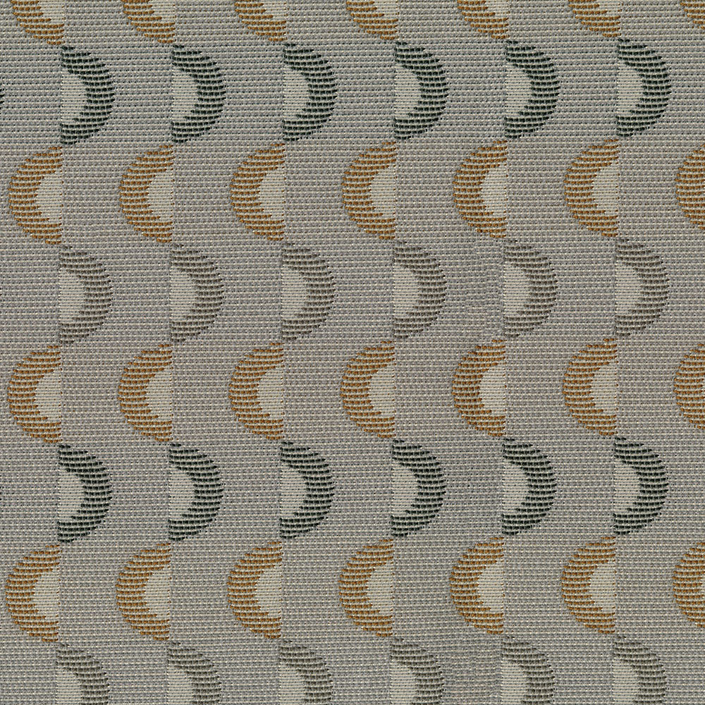 Textured woven upholstery fabric with repeating crescent arches in gold and gray on taupe background.