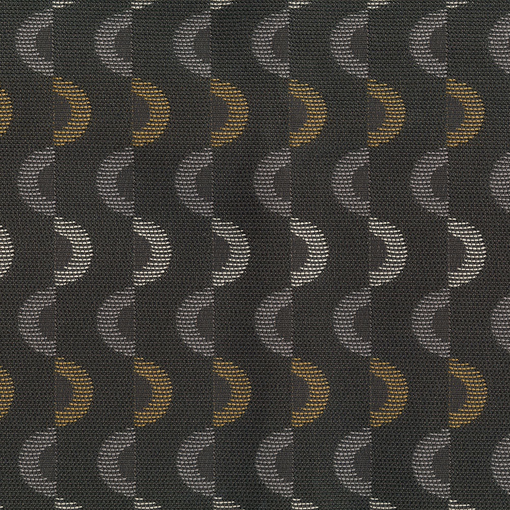 Dark charcoal fabric with repeating curved crescent motifs in gray and mustard, a retro geometric upholstery textile.