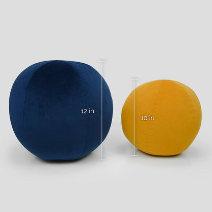 Two velvet plush balls: navy blue 12in and mustard yellow 10in, soft round decor accents.