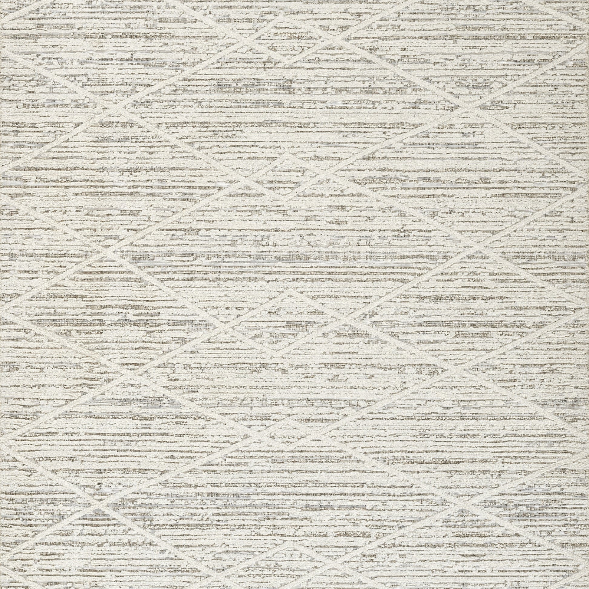 Ivory-beige rug with subtle diamond lattice pattern, woven flat-weave texture; neutral, modern home decor.
