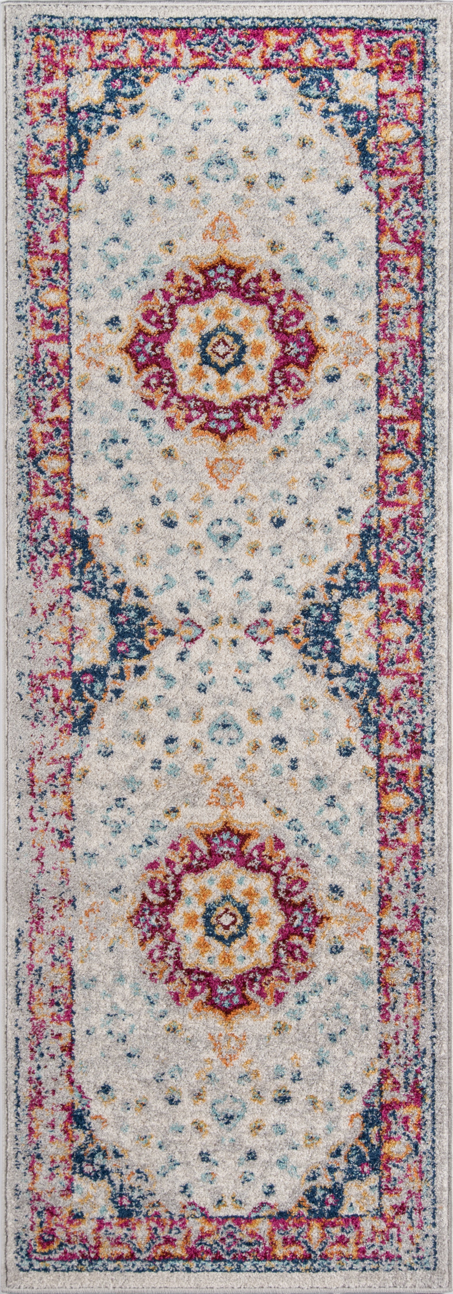 Haley Hall oriental rug with ivory ground, magenta, teal and orange medallions and a floral border, 9' x 13'.