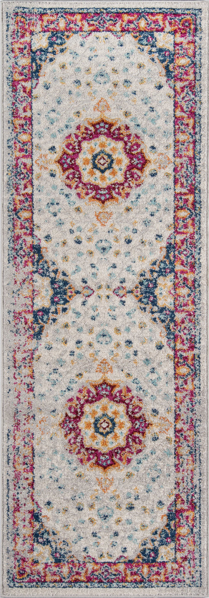 Haley Hall oriental rug with ivory ground, magenta, teal and orange medallions and a floral border, 9' x 13'.