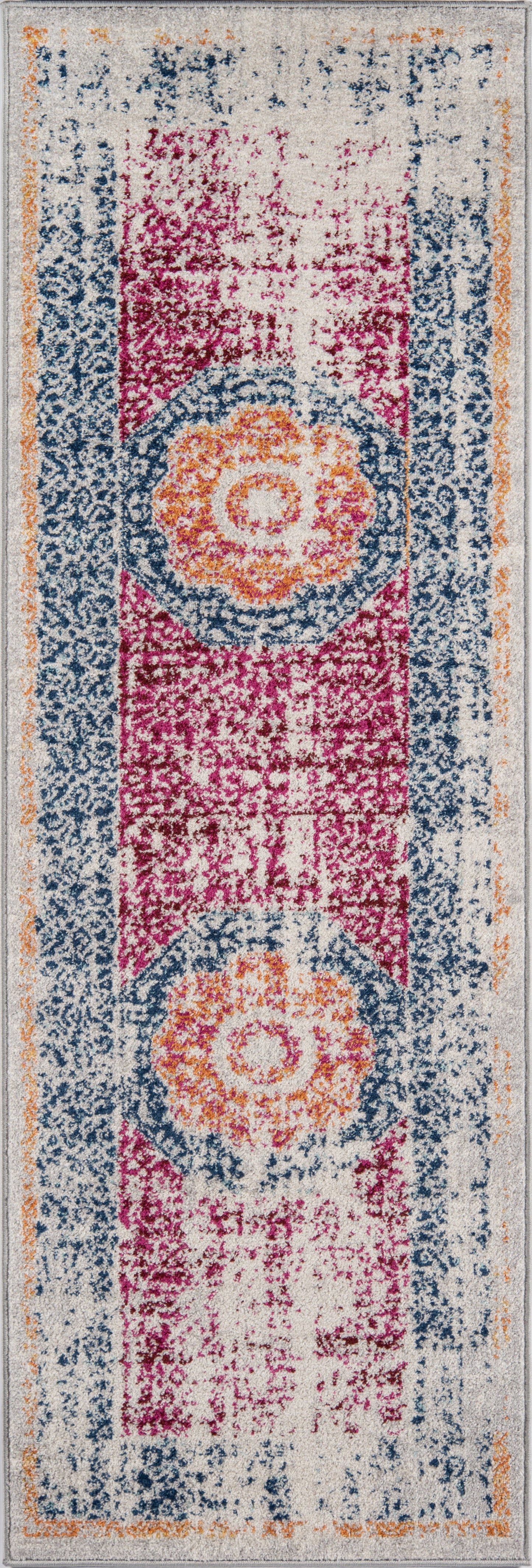 Long hallway runner rug with cream base, blue borders, magenta panels, orange trim and floral medallions in a distressed look