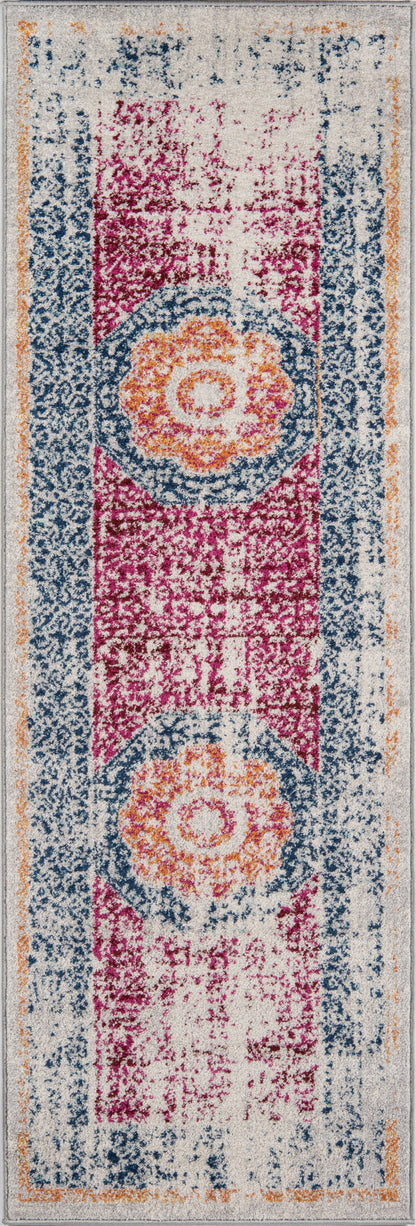 Long hallway runner rug with cream base, blue borders, magenta panels, orange trim and floral medallions in a distressed look