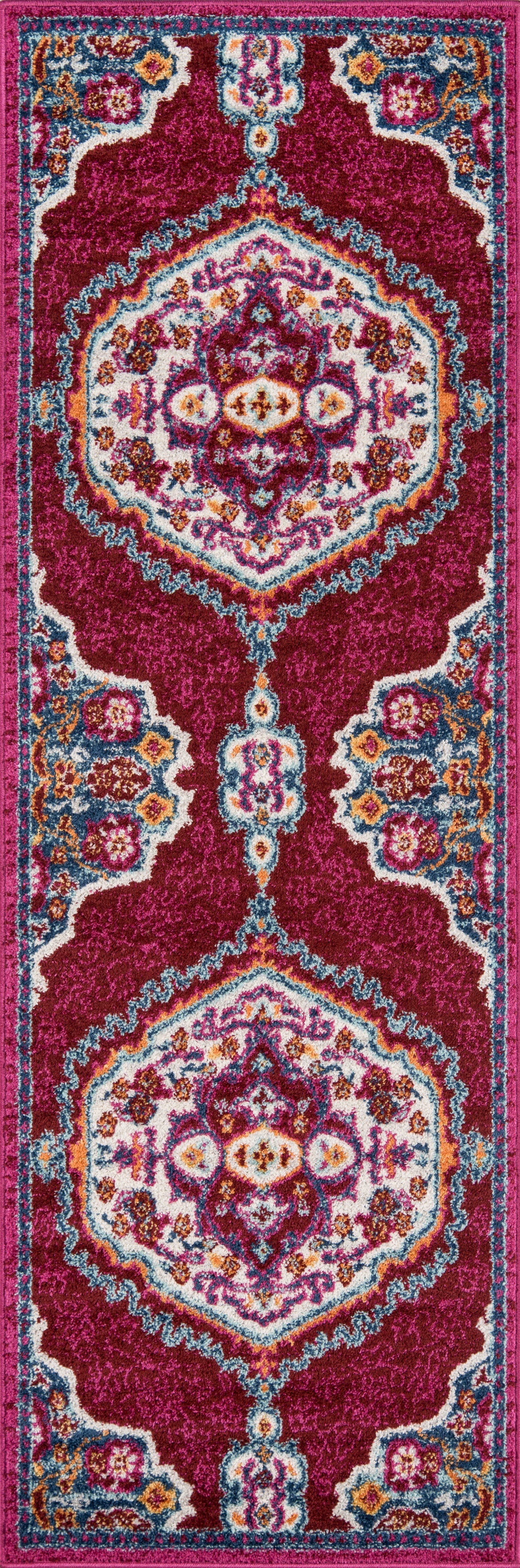 Persian-inspired hallway runner rug with magenta border, teal accents, ivory central medallions and multicolor floral patterns.
