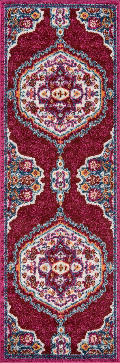 Persian-inspired hallway runner rug with magenta border, teal accents, ivory central medallions and multicolor floral patterns.