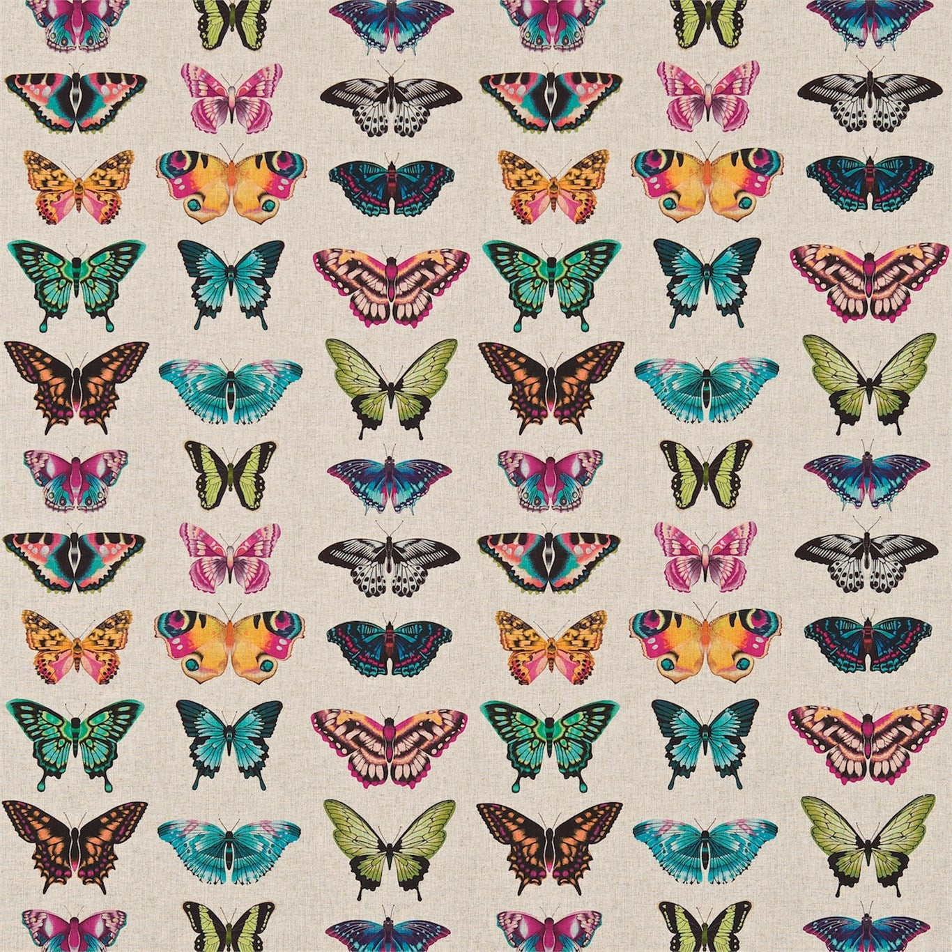 Beige linen-textured fabric featuring a repeating grid of vibrant butterfly silhouettes in pink, teal, orange, purple