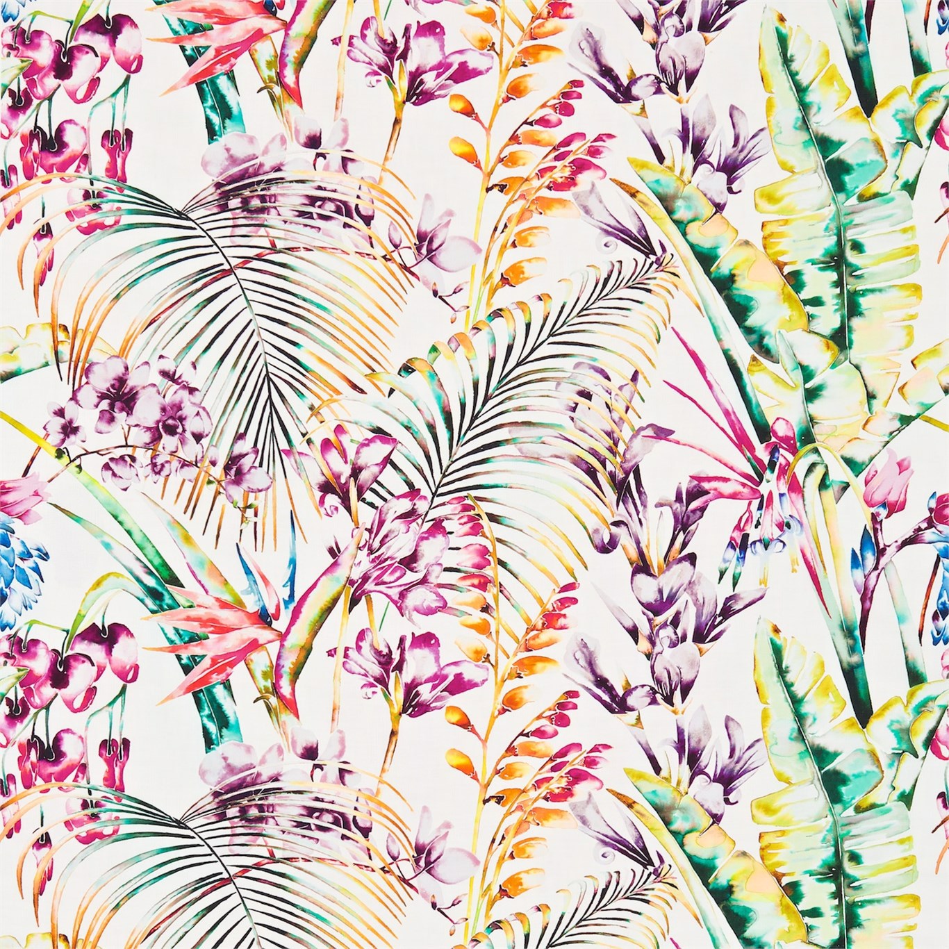 Tropical watercolor-style floral print with colorful palm fronds and blossoms in pink, purple, orange, yellow, green.