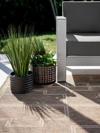 Outdoor patio with gray armchair and potted plants on a rug; tall grass in a black ribbed pot and a patterned brown pot.
