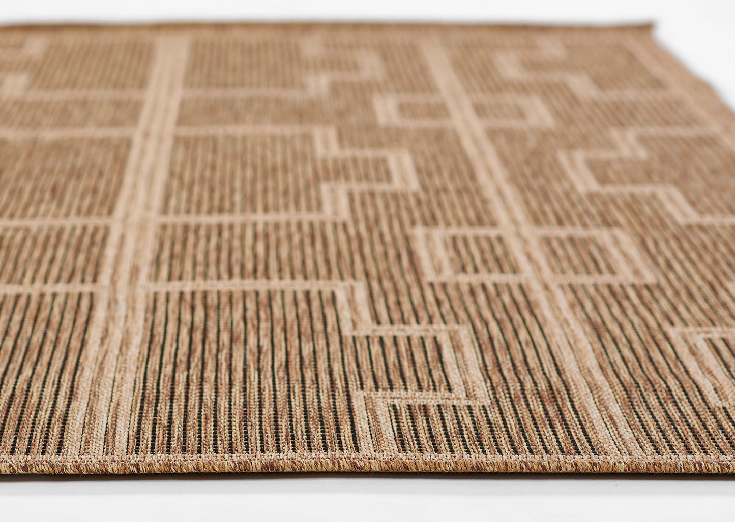 Natural beige-brown jute rug featuring a geometric rectangular grid and tight woven stripes.