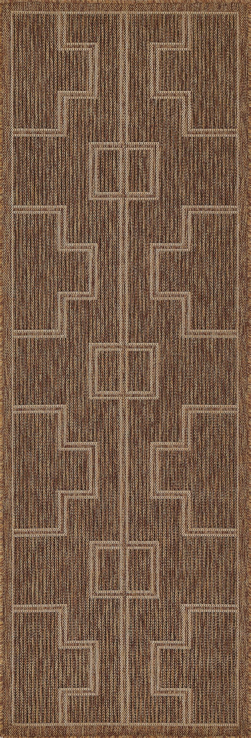 Natural brown jute runner rug with light beige geometric Greek-key pattern running lengthwise.