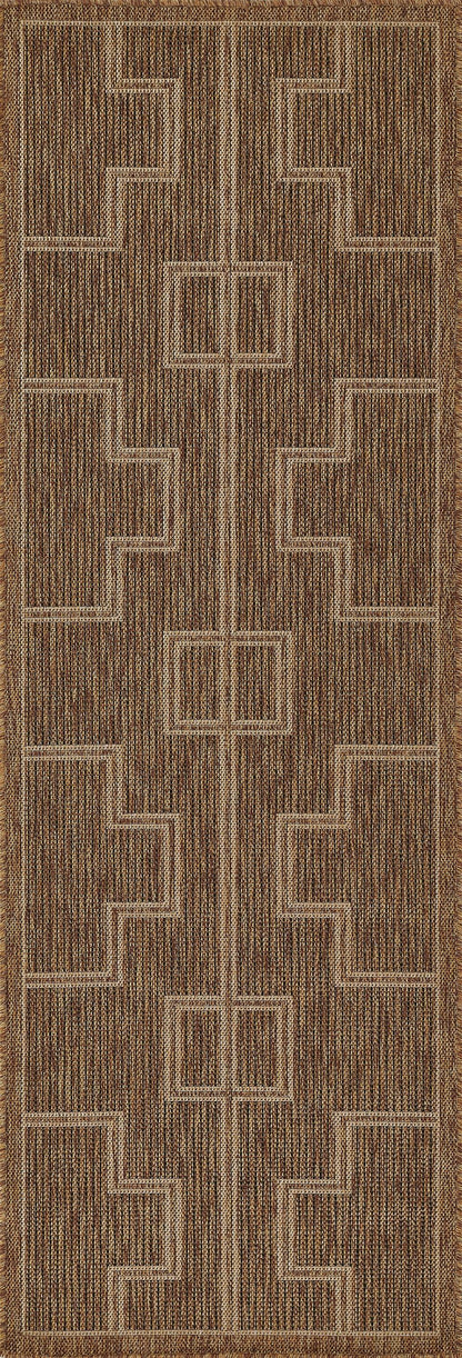 Natural brown woven rug with beige geometric Greek-key pattern and rectangular blocks along length, 4' x 6'.