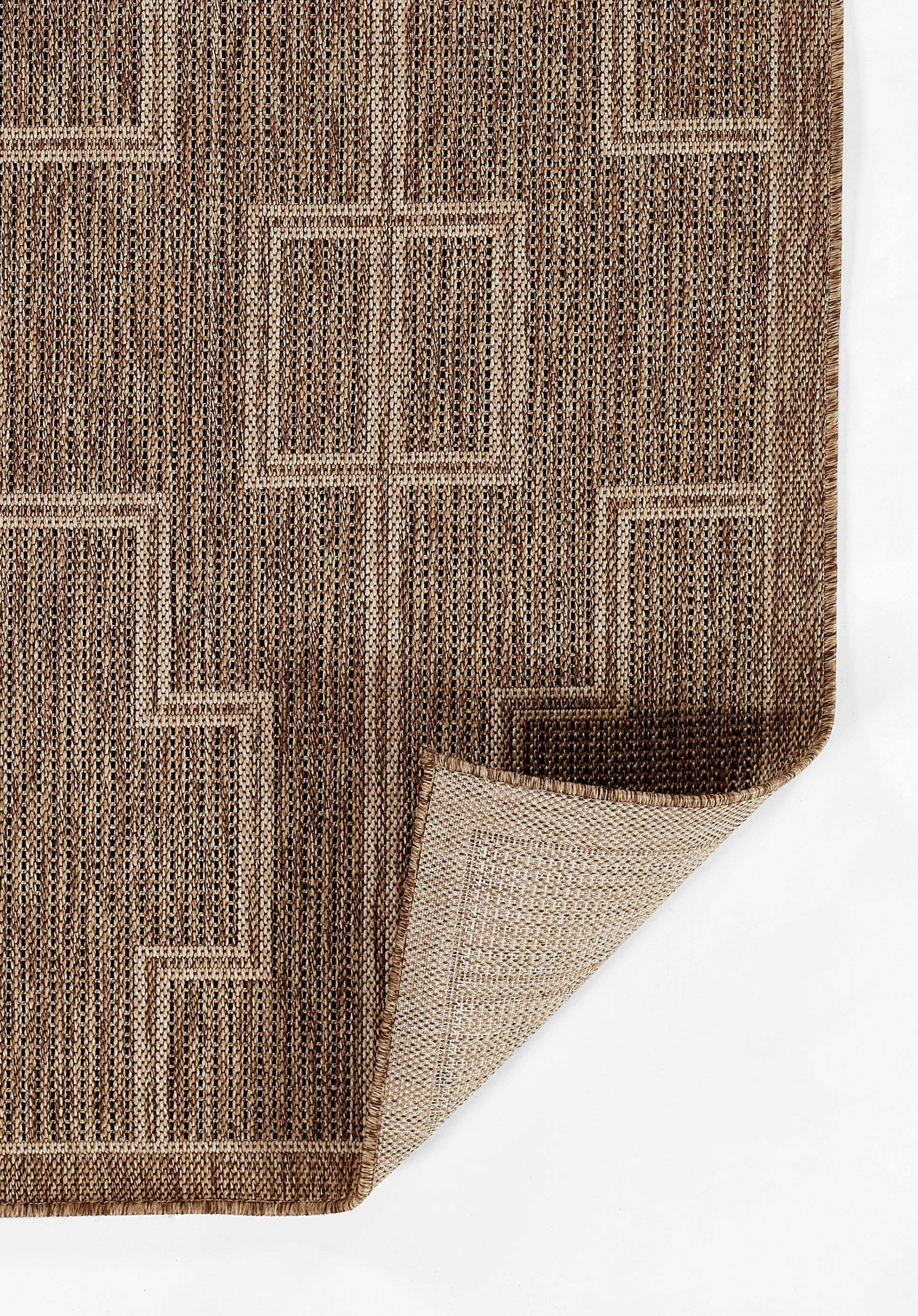 Brown woven rug (4' x 6') with beige geometric square borders in a natural tone; rolled corner shows reverse weave.