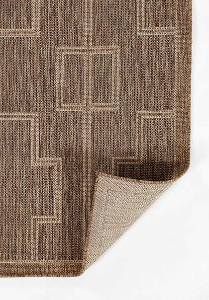 Brown woven rug (4' x 6') with beige geometric square borders in a natural tone; rolled corner shows reverse weave.