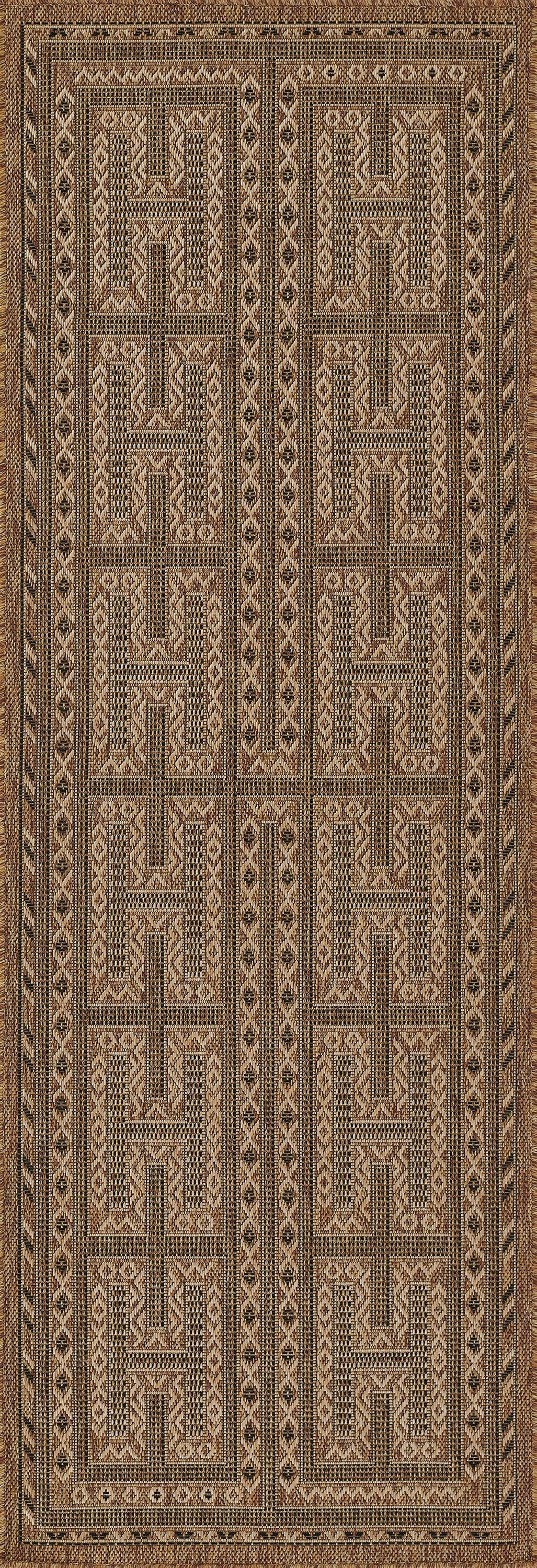 Rectangular tribal rug with geometric maze motifs in natural beige, brown & black; handwoven look, earthy floor decor.