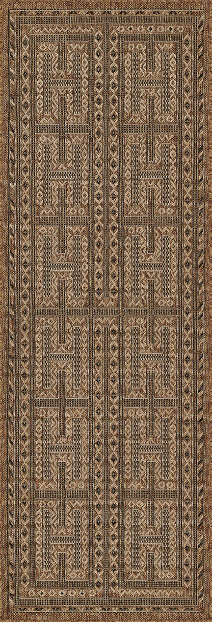 Rectangular tribal rug with geometric maze motifs in natural beige, brown & black; handwoven look, earthy floor decor.
