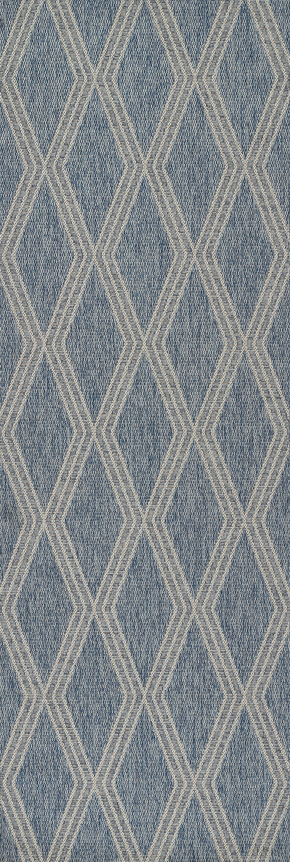 Blue denim-like fabric with beige diamond lattice pattern, woven texture for upholstery or home decor.