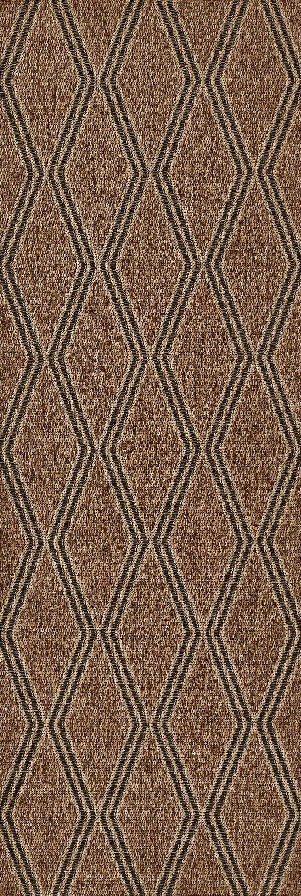 Brown textured weave with black diamond lattice geometric pattern; rustic upholstery fabric.
