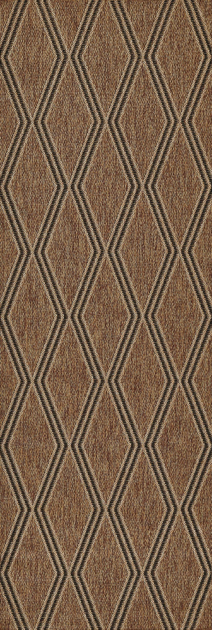 Brown textured weave with black diamond lattice geometric pattern; rustic upholstery fabric.