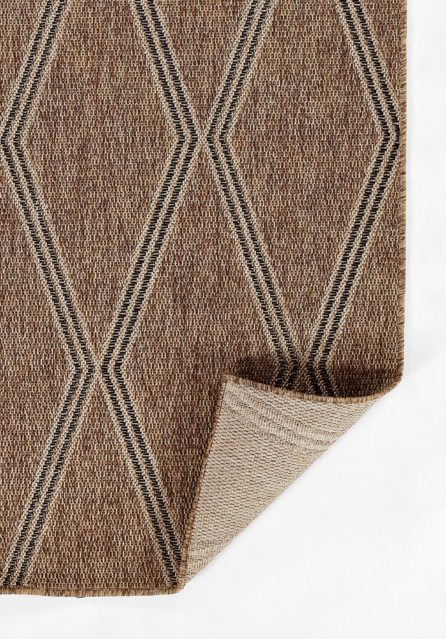 Natural brown jute runner with cream-black geometric diamond trellis pattern; textured, woven; 3' x 8'.