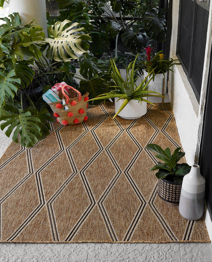 Natural jute outdoor runner rug with a black diamond geometric pattern on a porch, surrounded by potted tropical plants, 3' x 8'.