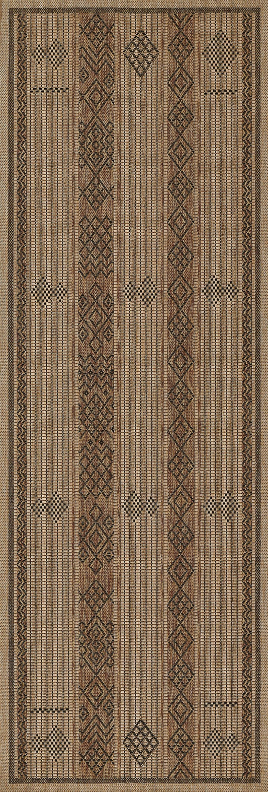 Rectangular, woven tribal-style rug in tan, beige and brown with diamonds, crosses, and striped bands.