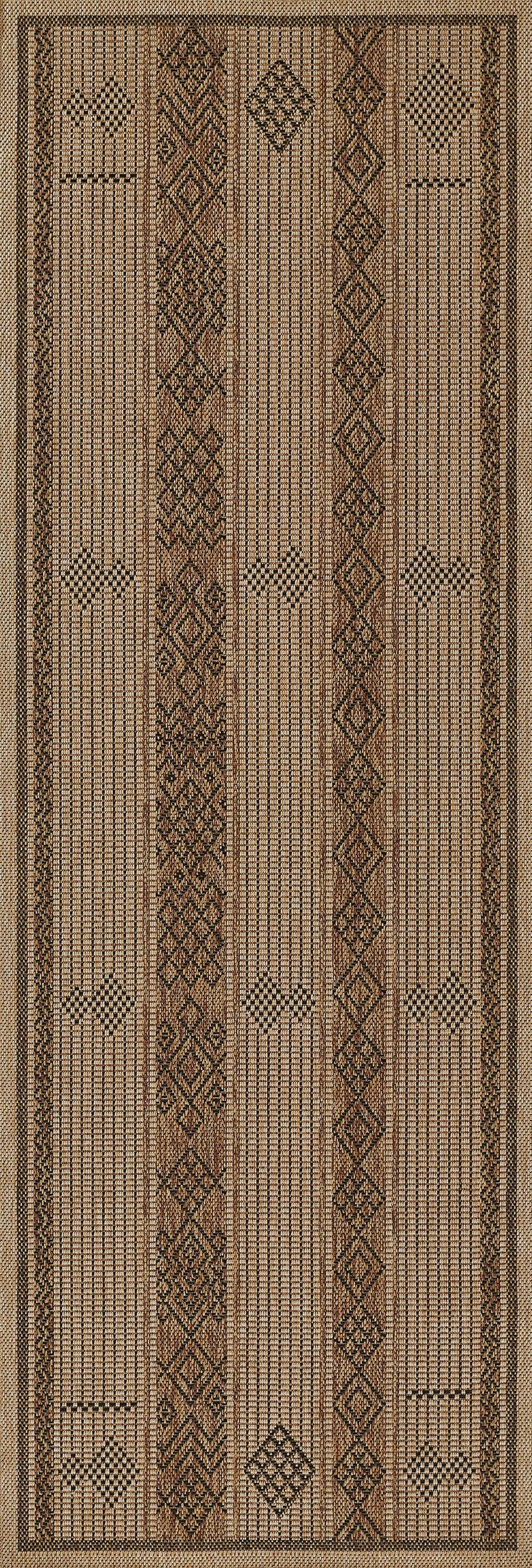 Rectangular woven rug in beige, brown and black with geometric diamond bands and checker panels.