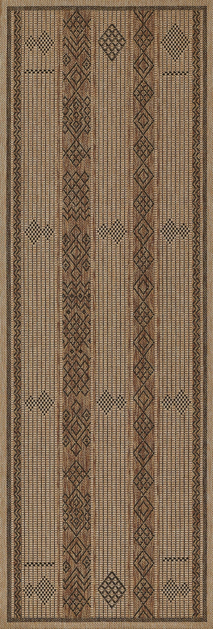 Rectangular woven rug in beige, brown and black with geometric diamond bands and checker panels.