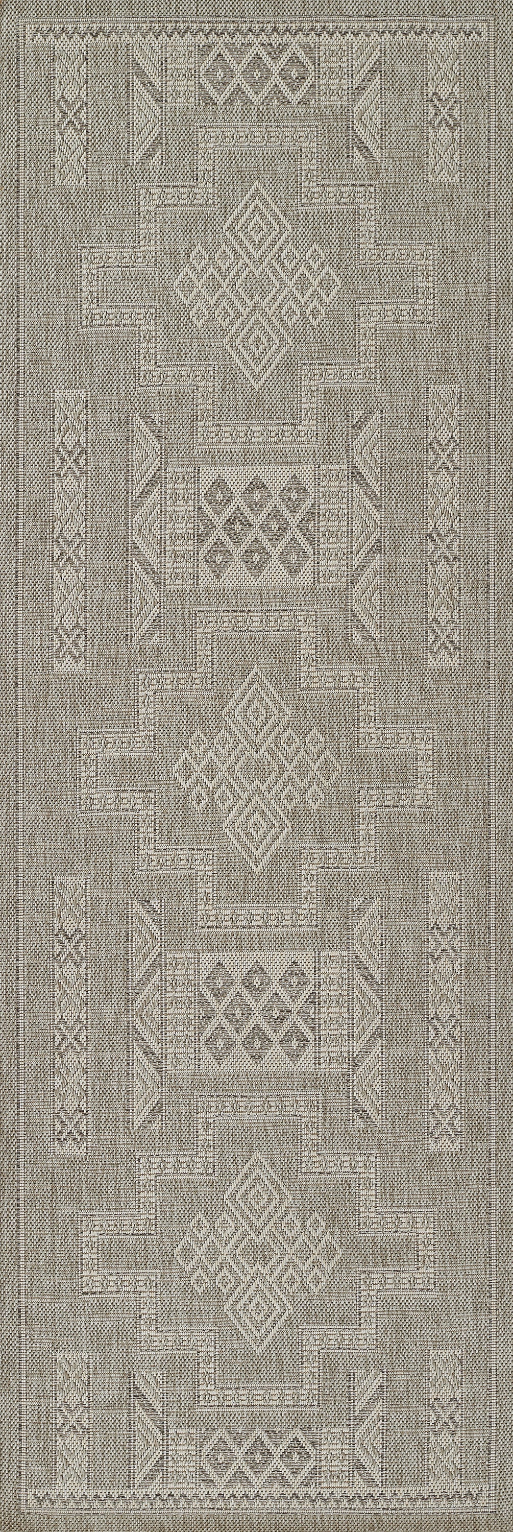 Neutral gray geometric area rug with diamond medallions, stepped borders and textured weave, size 2' x 3'.
