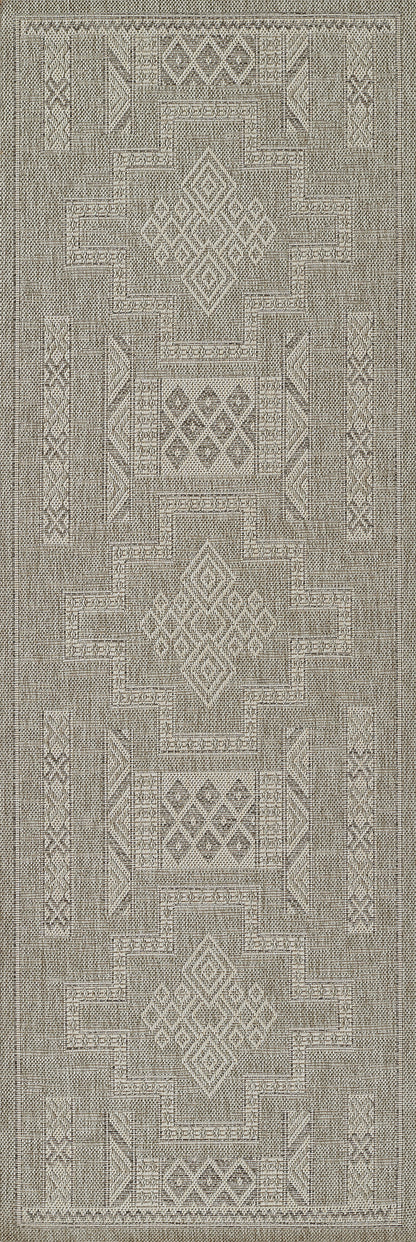 Neutral gray geometric area rug with diamond medallions, stepped borders and textured weave, size 2' x 3'.