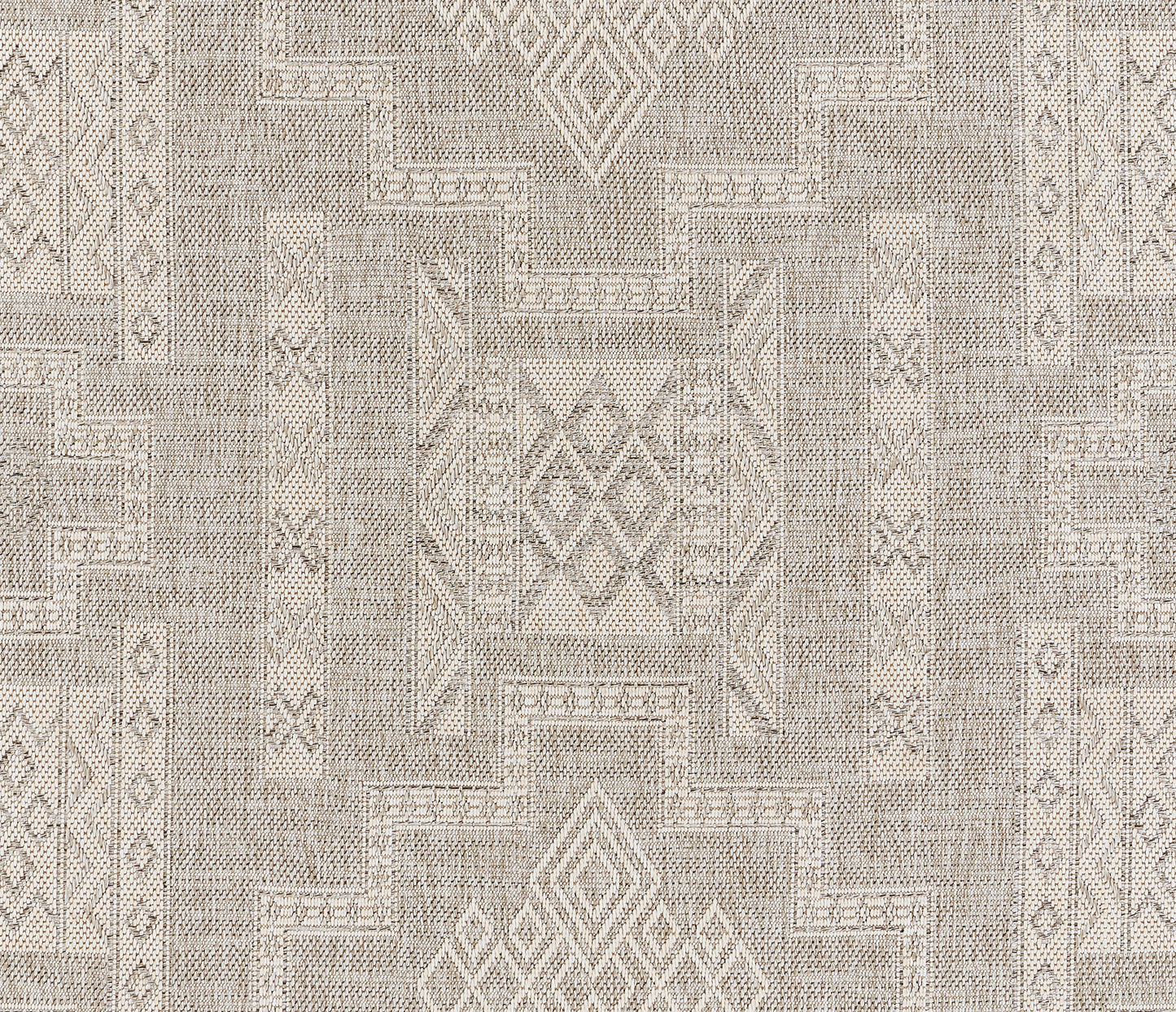 Neutral gray-beige kilim rug with geometric diamond motifs and bordered panels.