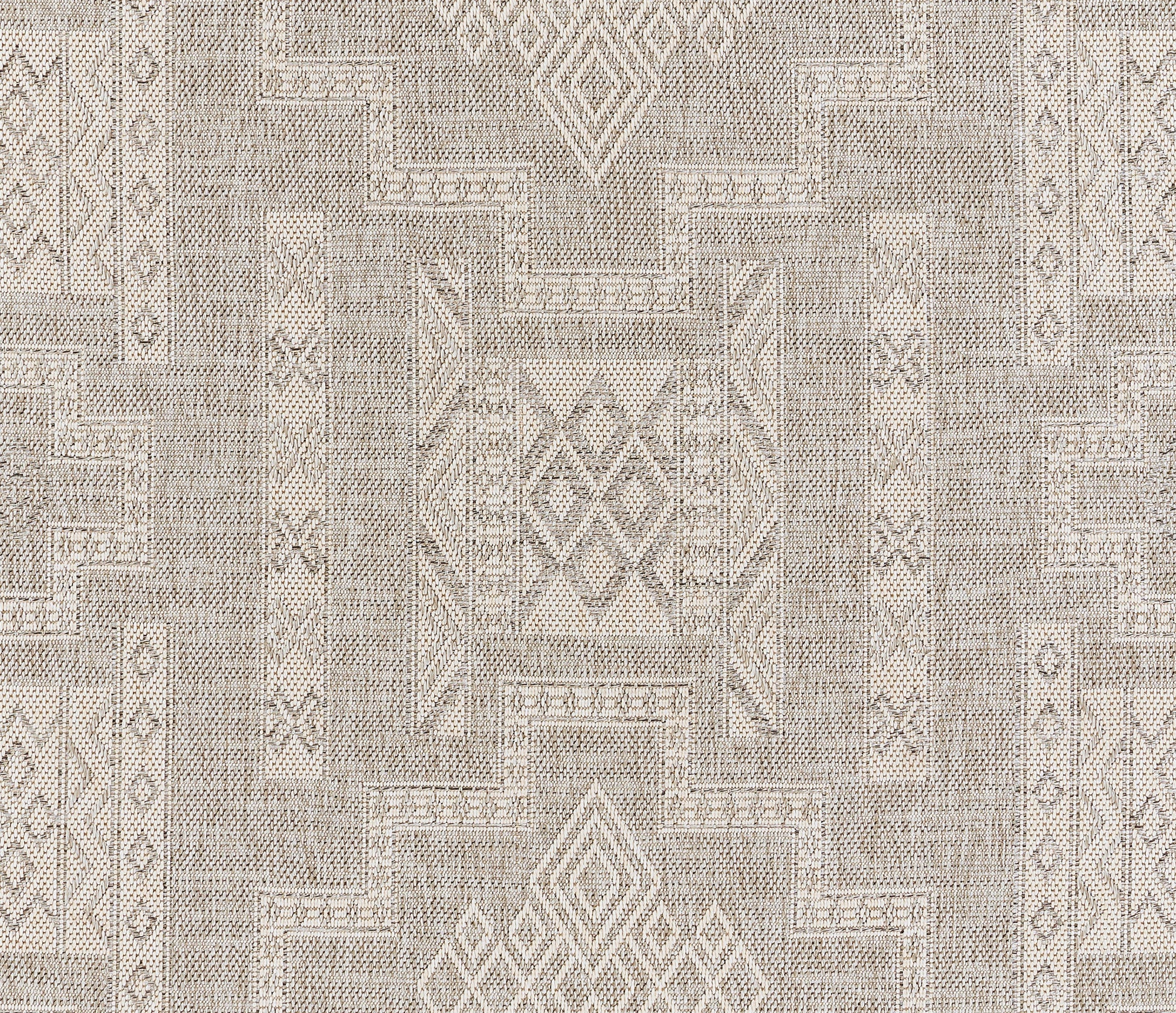 Neutral gray-beige kilim rug with geometric diamond motifs and bordered panels.